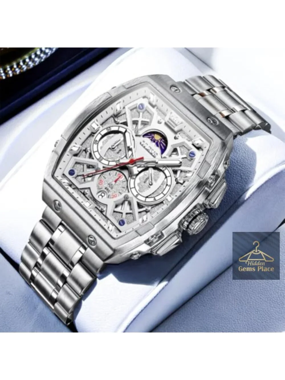 Men's Square Watch Chronograph Date Moon Phase Luminous Hands Stainless Steel